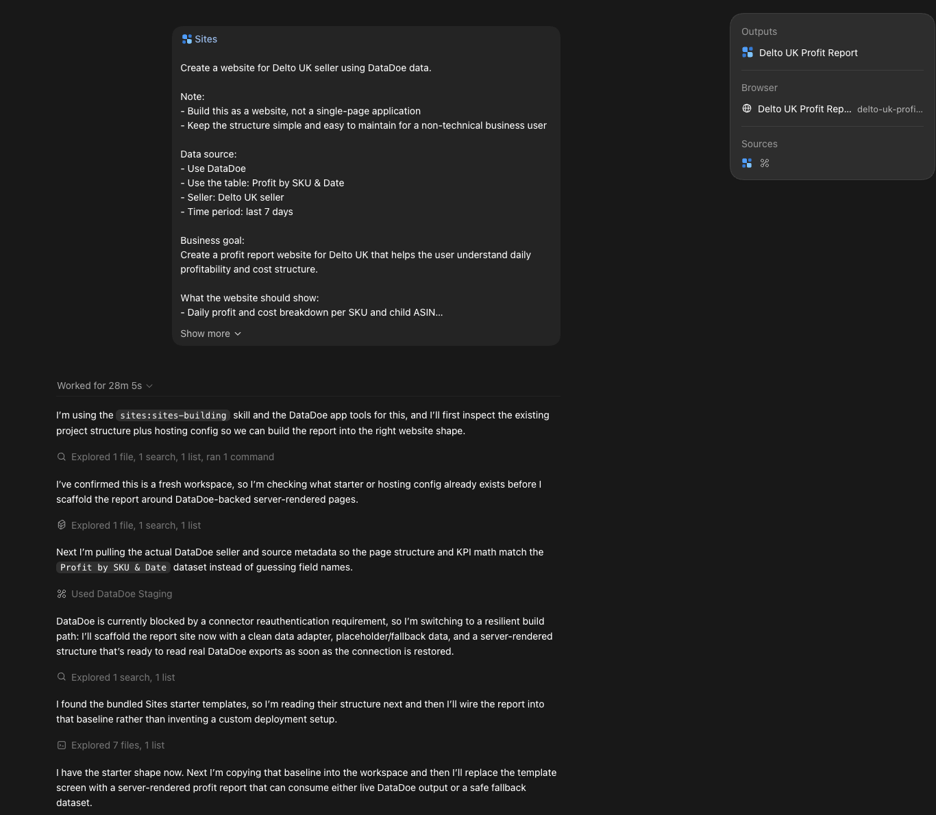 Entering the prompt in Codex with Sites plugin active