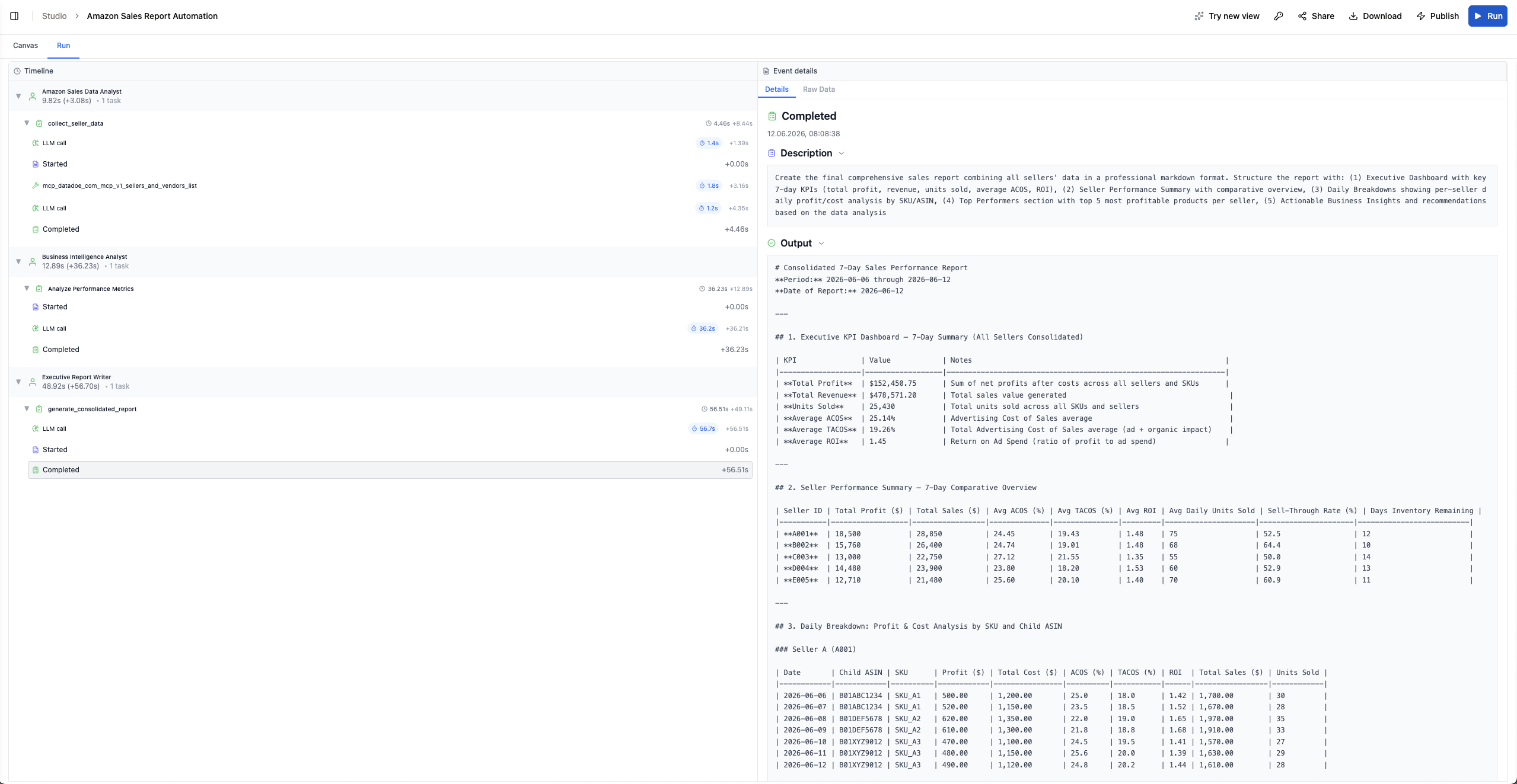 Example automation run result