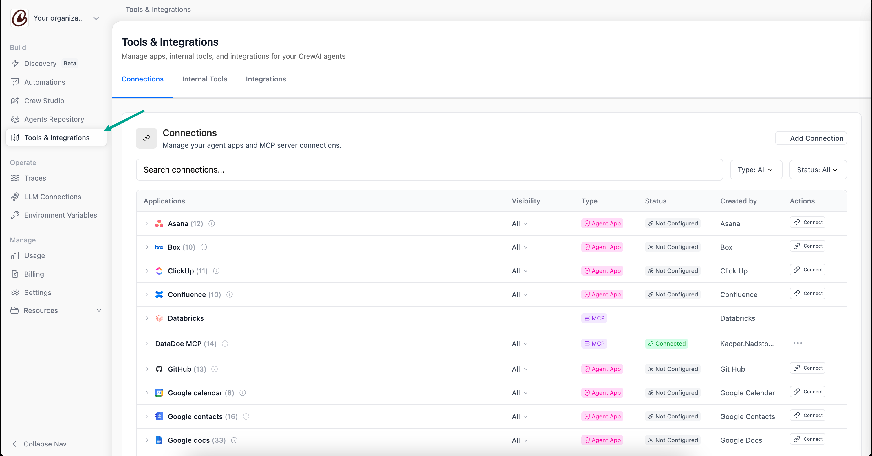 Tools and Integrations Connections tab