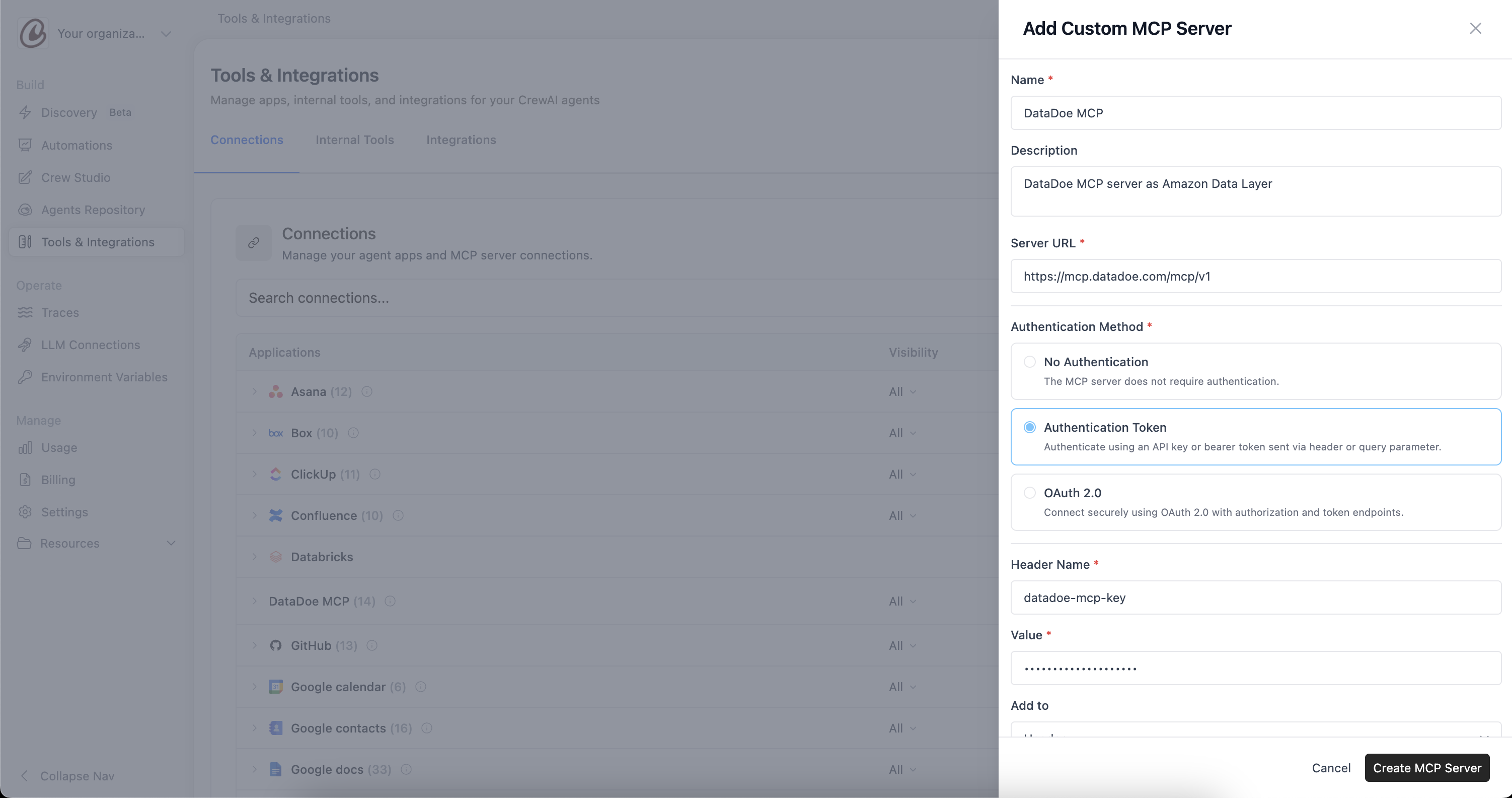 Add Custom MCP Server form