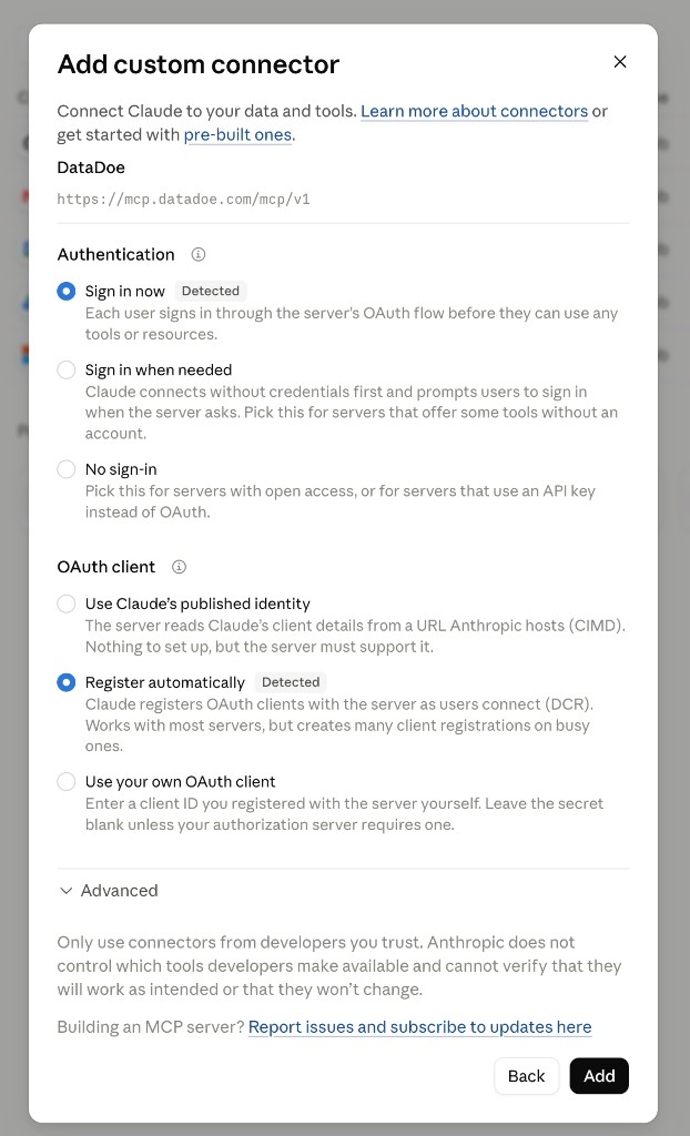 Claude custom connector authentication and OAuth options