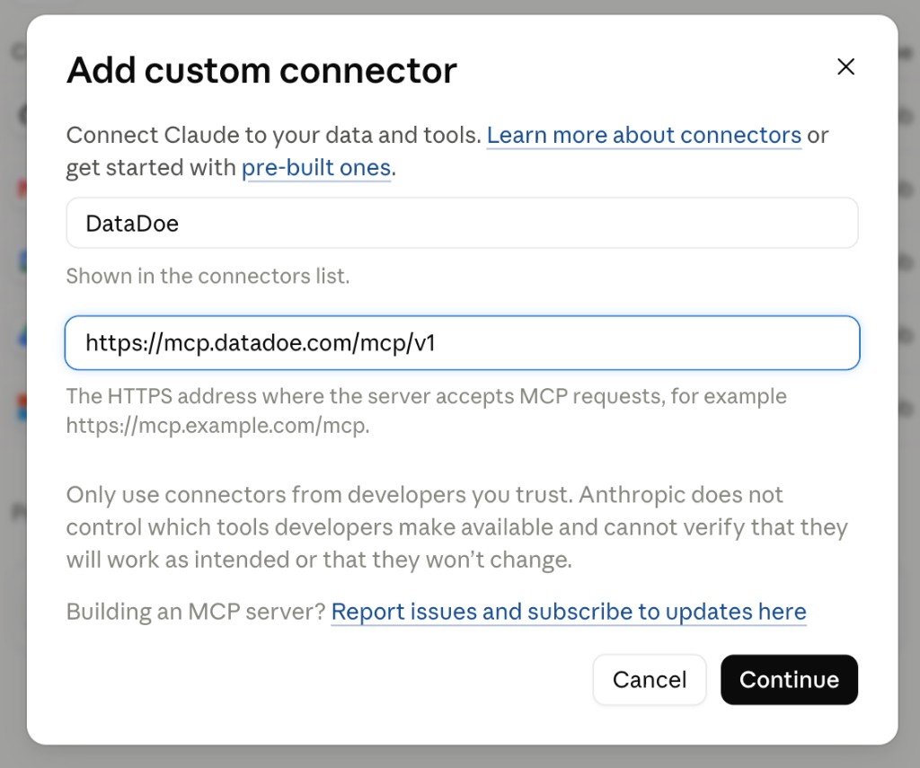 Claude custom connector name and MCP Server URL fields