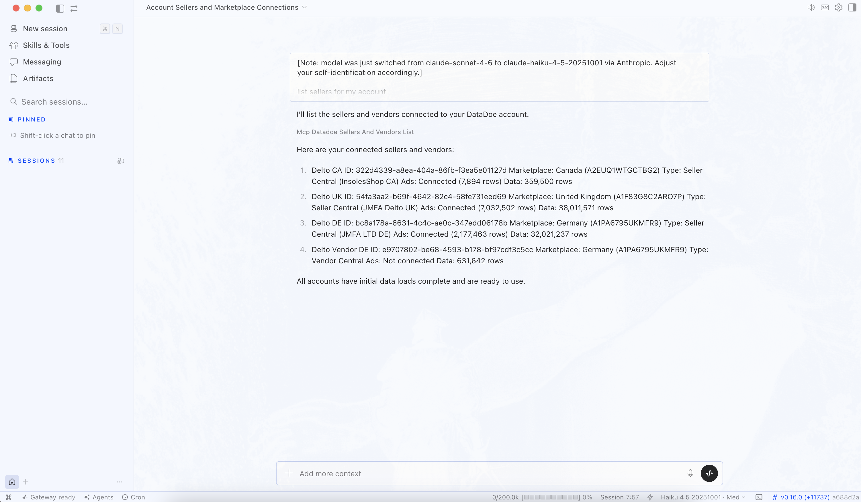 Hermes chat — first Amazon data query result