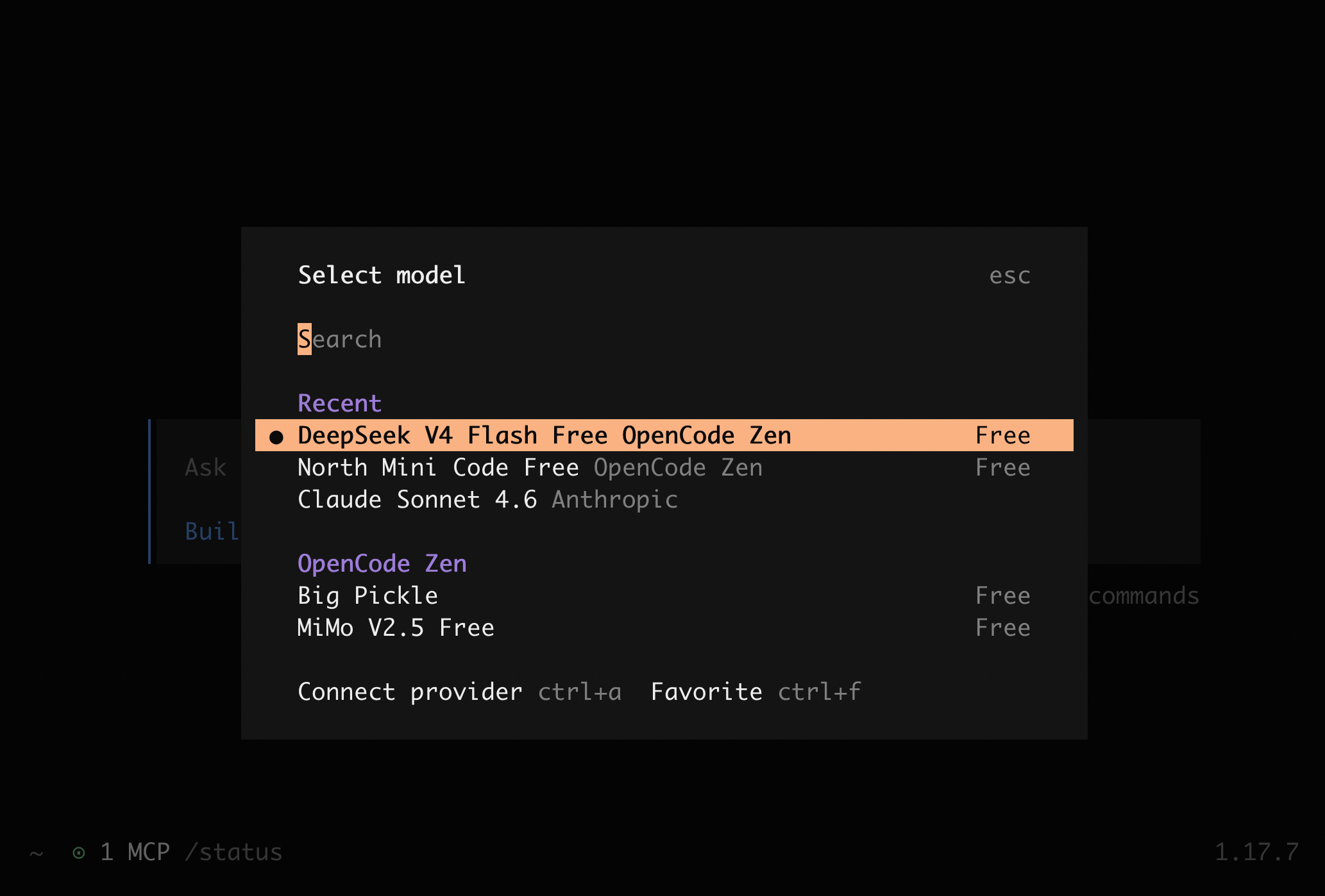 OpenCode /model provider list