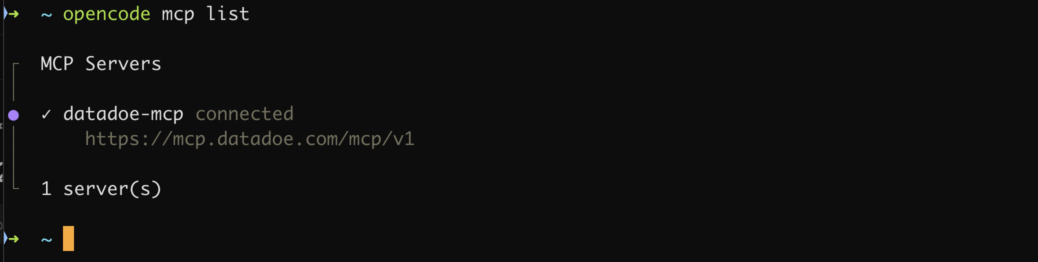 opencode mcp list output showing datadoe-mcp connected