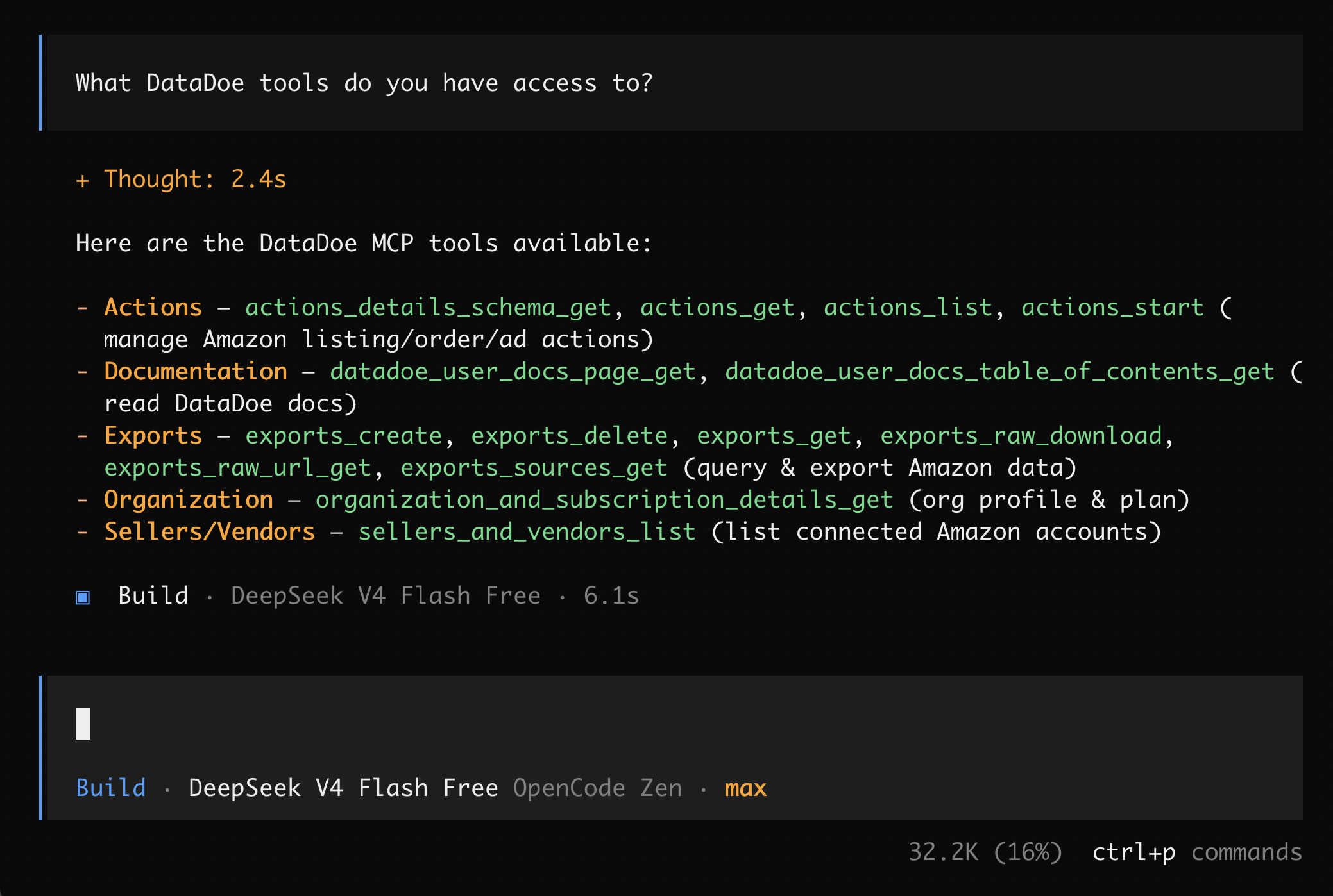 OpenCode TUI — DataDoe tools list