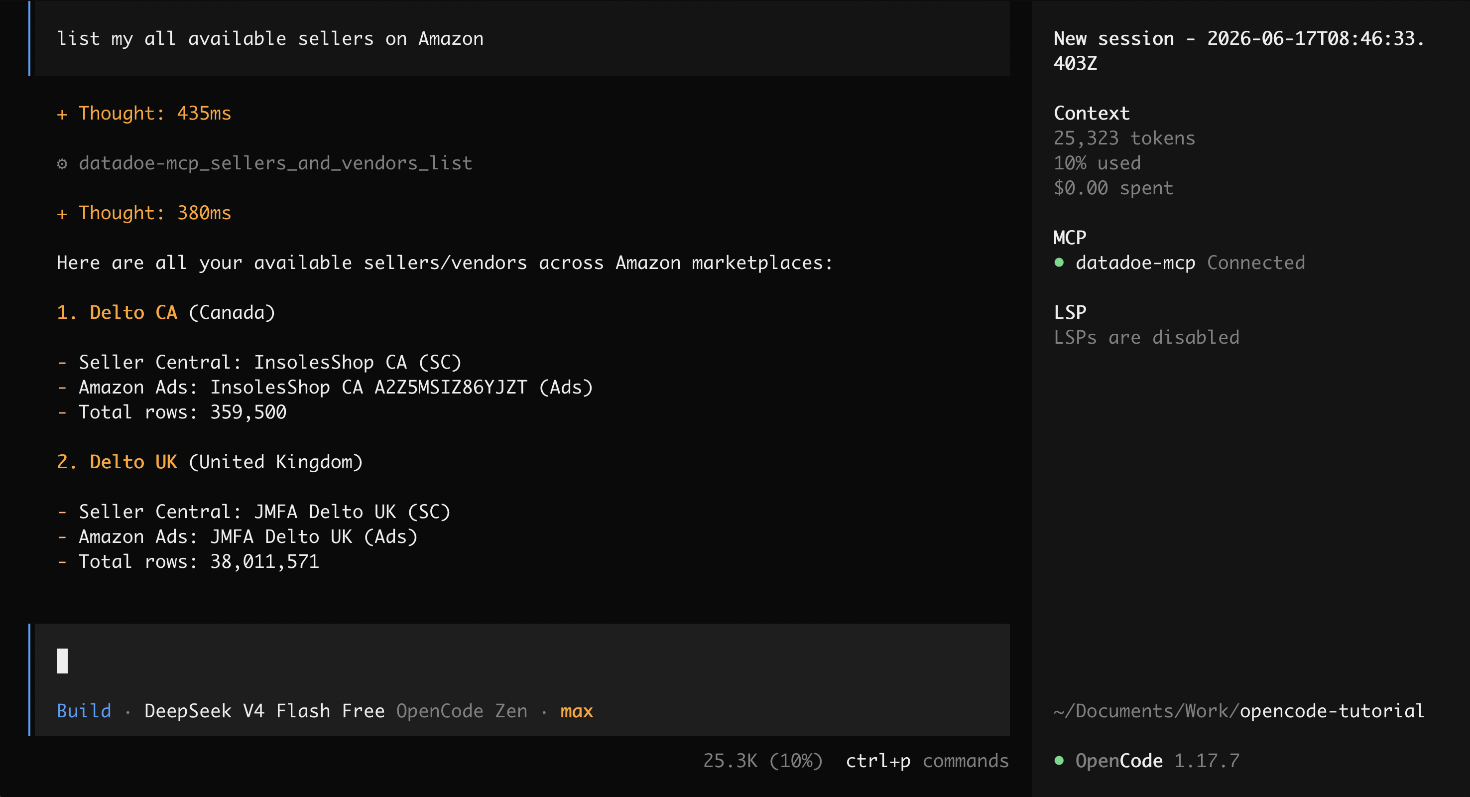 OpenCode TUI — list sellers result
